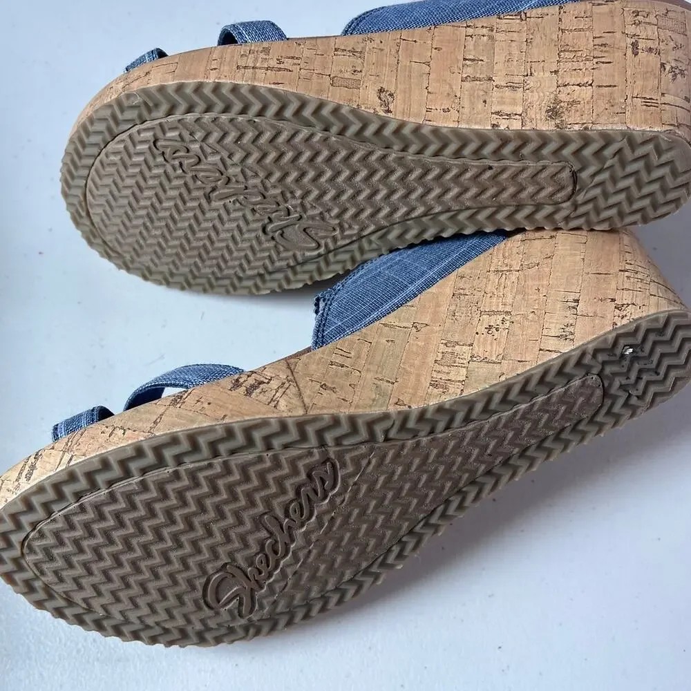 Skechers Luxe Foam Blue Strappy Wedge Sandals Womens Size 8 Cork Heel Comfort